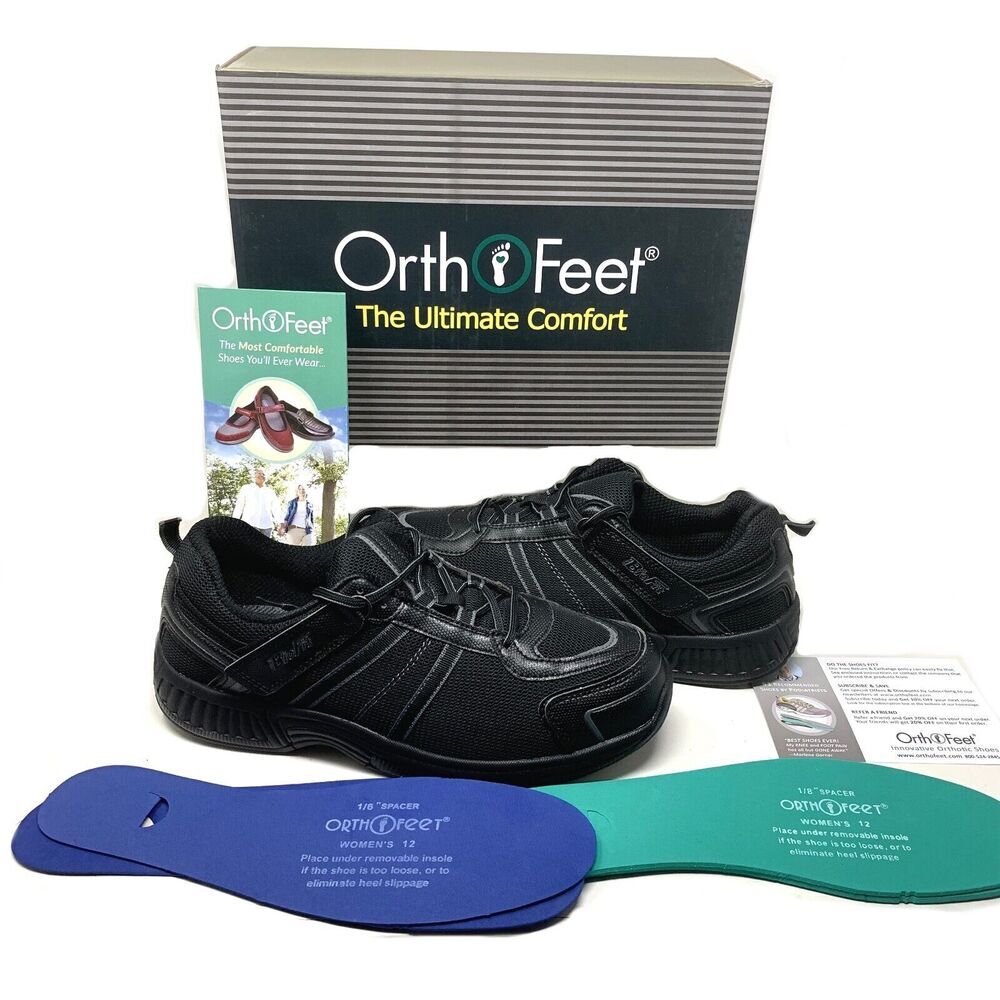New OrthoFeet BioFit Women's Sz 12 Tahoe Tie-less Lace Black Comfort Sneakers